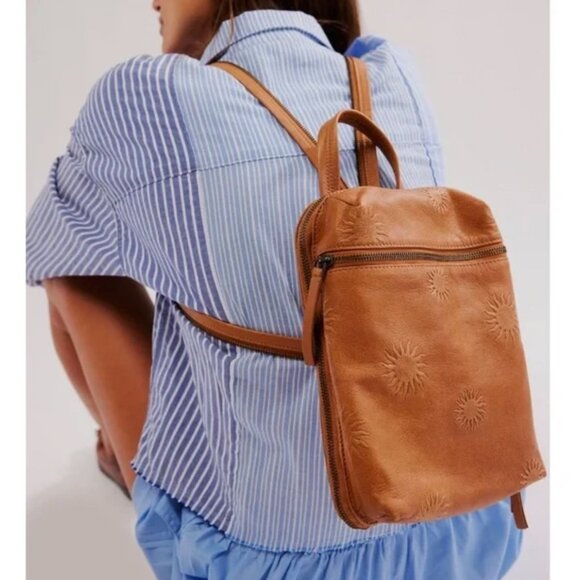 NWT Free People Break of Dawn 100% Leather Backpack Cognac Tan Tooled Sun - Picture 8 of 12
